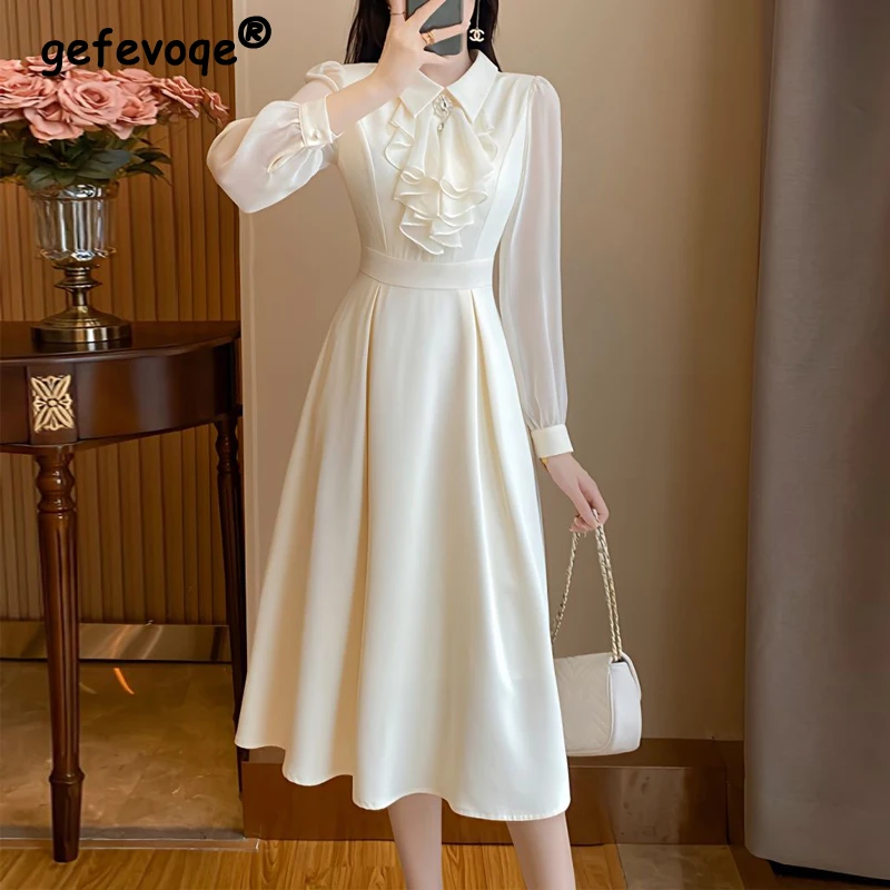 Vestido vintage de babados feminino, elegante vestido Midi, vestidos de festa, branco, cintura alta, fino, comutador, moda, outono, 2023