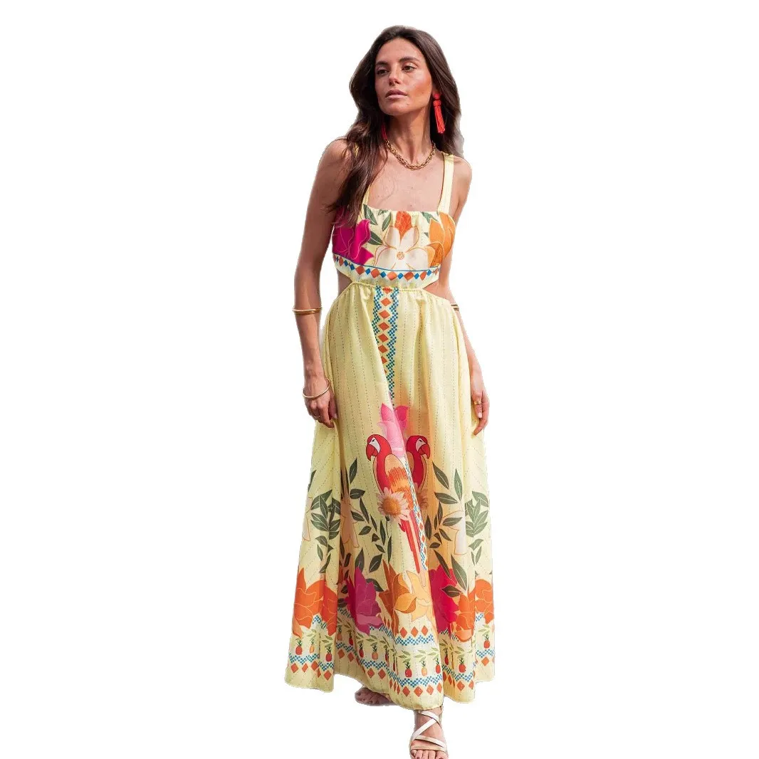 Bohemian Style Print Long Dresses Women Sexy Backless Bowknot Leace-up Sleeveless Dress Casual Summer Beach Vacation Vestidos