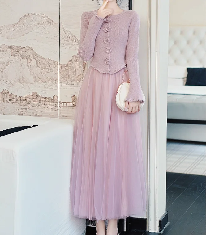 Французский романтический фиолетовый трехмерный вязаный топ с длинными рукавами и цветочным принтом, осенняя модная газовая универсальная юбка с высокой талией для девочек