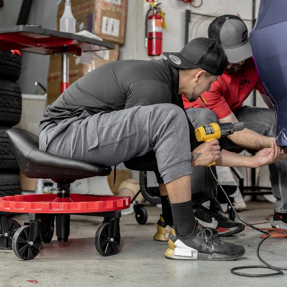 ヘビーデューティー400ポンド耐荷重Traxion 2-230モンスターローリングメカニックチェア、パッド入りシート付き、車輪付きガレージショップチェア、ツールトレイ付き