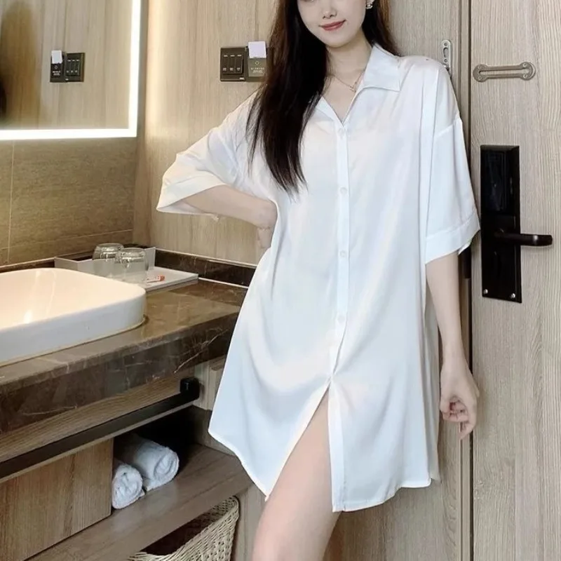 

Fashion Loose Simplicity Elegant Solid Color Ice Silk Nightgown Summer New SexyWomen Shirts Pajama Thin Style Micro Transparent