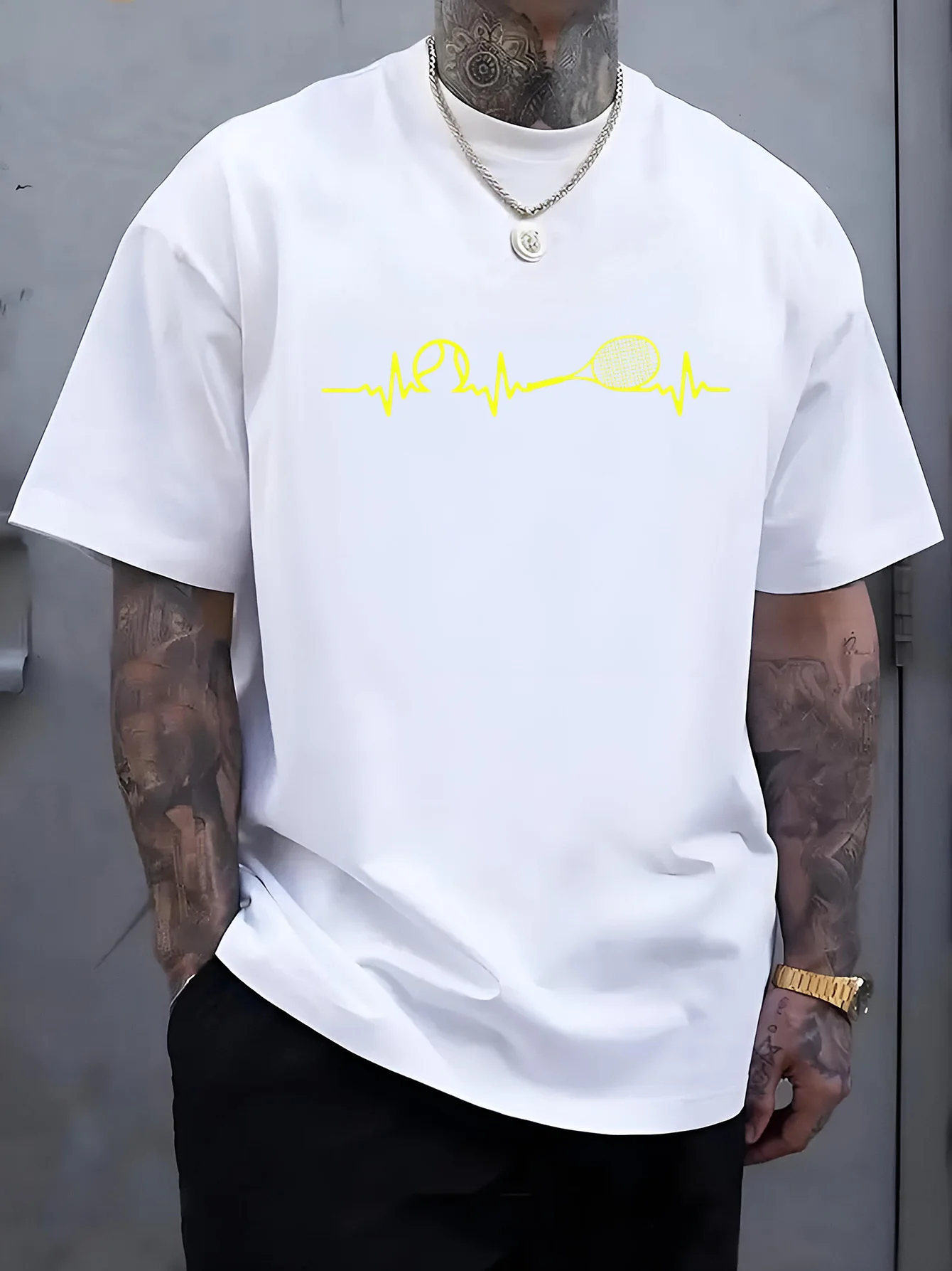 Men Gray Crew Neck Tee Yellow Tennis Racket Ball Heartbeat Line Graphic Tennis Player Sport Enthusiast Soft Cotton Male Tops