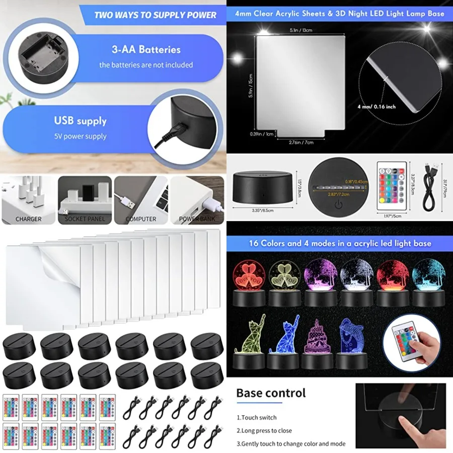 

48 Pcs/12 Sets Acrylic Night Lights Clear Acrylic Sheets and 3D Night LED Light Lamp Base with Remote Control USB Cable, DIY LE