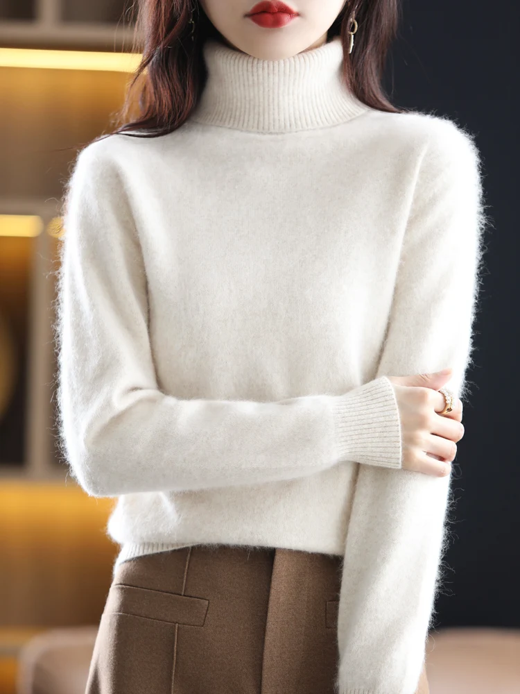 Autumn Winter New 100% Mink Cashmere Sweater Women\' Lapel Thick Knit Pullover Casual Large Size Tops Short Turtleneck Base Shirt