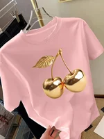 T-shirt à manches courtes pour femme avec imprimé cerise dorée, tee-shirt décontracté élégant, un sentiment d'élégance, haut polyvalent pour femme, design minimaliste 4