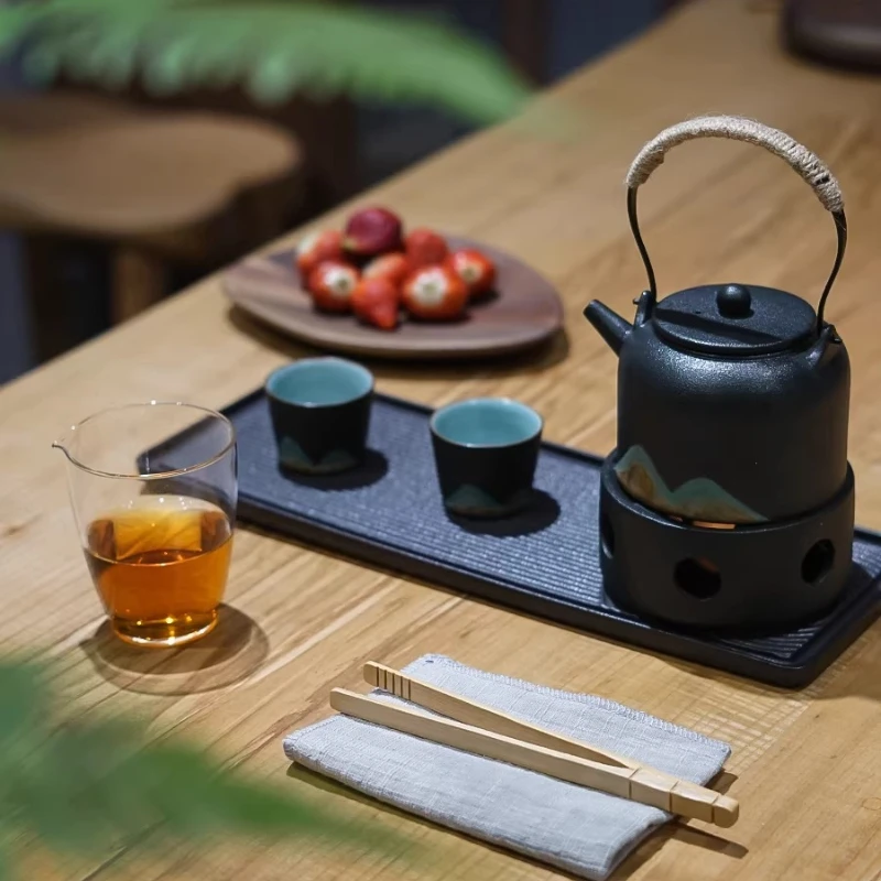 Zen Sand Garden Tea Tray Set, Ceramic Dry Brew Station with Silent Warmer & Gongfu Teapot Garden Design for Home Tea Ceremony