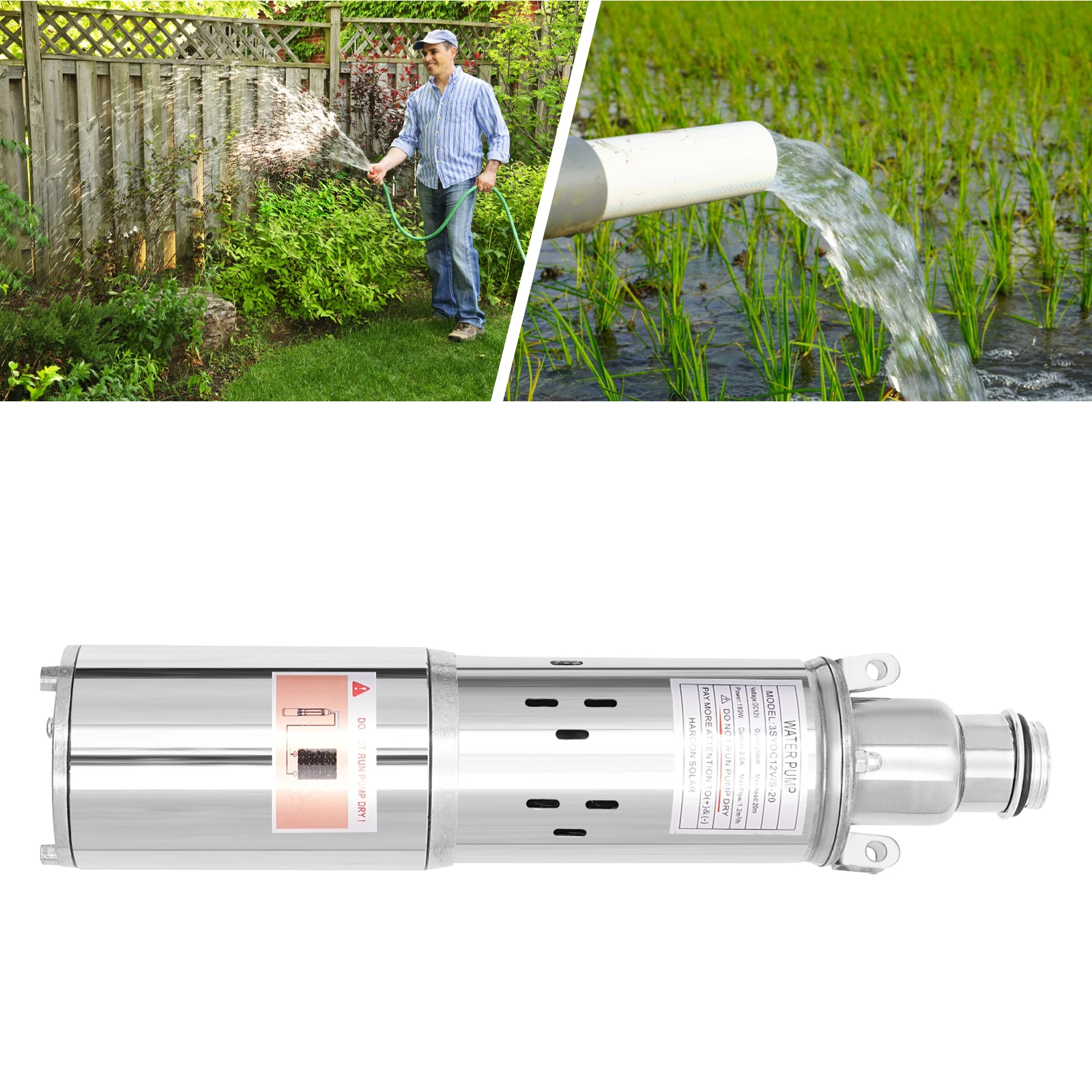 Solar Energy Deep Well Pump, Stainless Steel Submersible Water Pump, 12V 180W Max Flow 1.2M³/H, High Pressure Water Well Pump