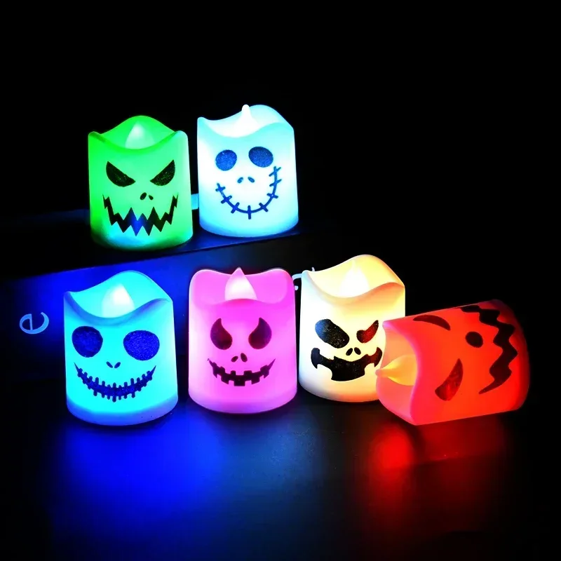 6/12PCS Halloween LED Electonic Candles Horror Ghost Pumpkin Colorful Warm Light Halloween Party Bar Atmosphere Decoration Props