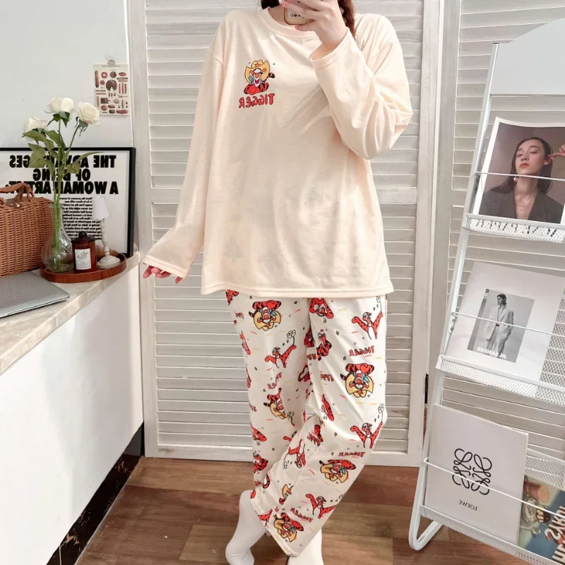 Disney\'s new Tigger silk pajamas female cute cartoon casual comfortable pure cotton loose round neck home women\'s pajamas