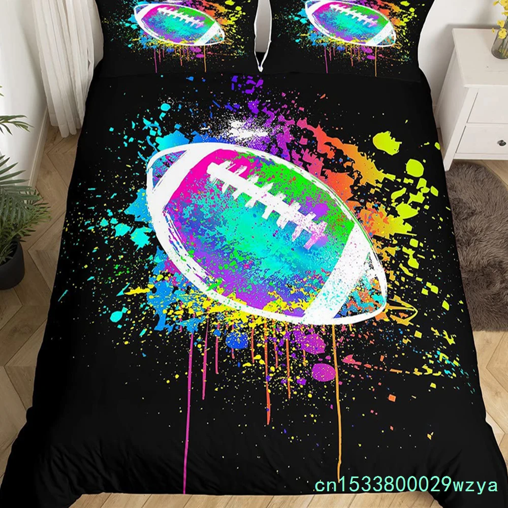 Boys Rugby Sports Duvet Cover Queen Football Bedding Set Ball Sport Comforter Cover Black Tie Dye Quilt Cover With 2 Pillowcases