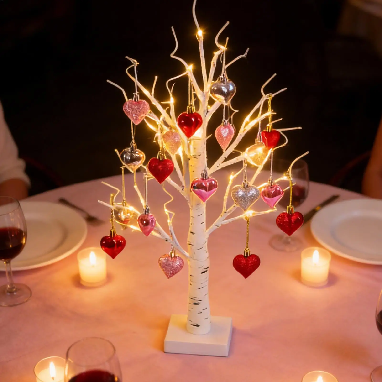 24 LED Valentine Tree Romantic Glow Birch Decoration with Timer  For Home Party LED Lamp Light Tree with 18 Heart Ornaments