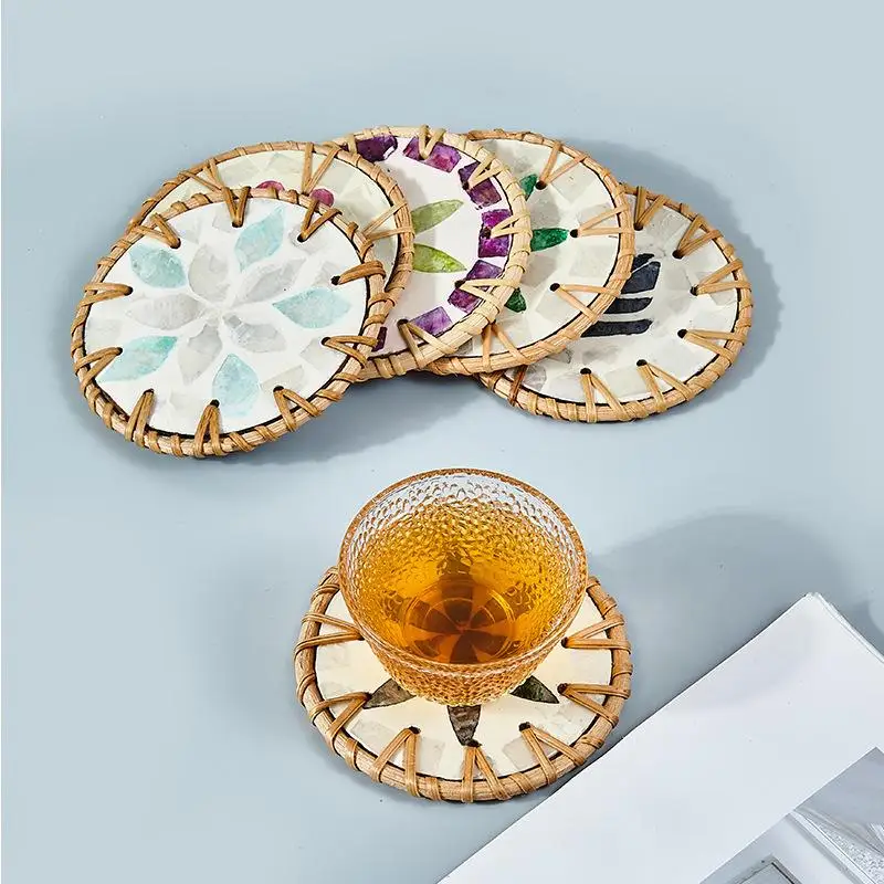 

1PC 10cm Rattan Shell Cup Mat Placemat Round Colorful Seashell Cup Mat Bohemian Style Coaster Tea Table Coasters