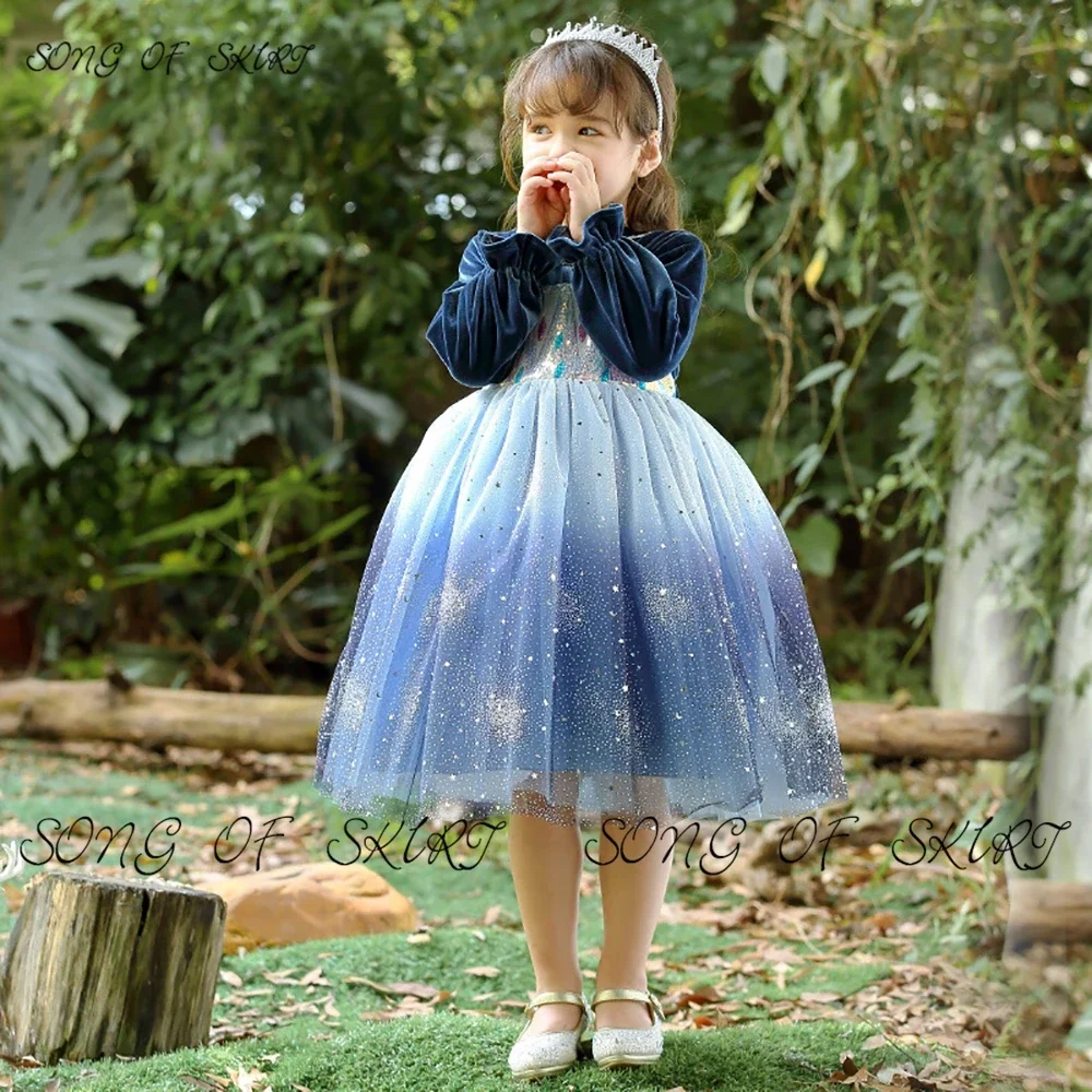 Customized Princess Gorgeous Flower Girl Dresses Flannel Long Sleeve Knee-length Dance Gown O-Neck Shiny Tulle Daughter Birthday