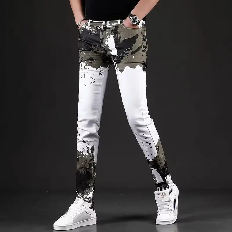 

Y2K New Trendyol Men White Camouflage Jeans Fashion Slim Fit Small Feet Cargo Jean Pants Brand Quality Man Denim Trouser Spodnie