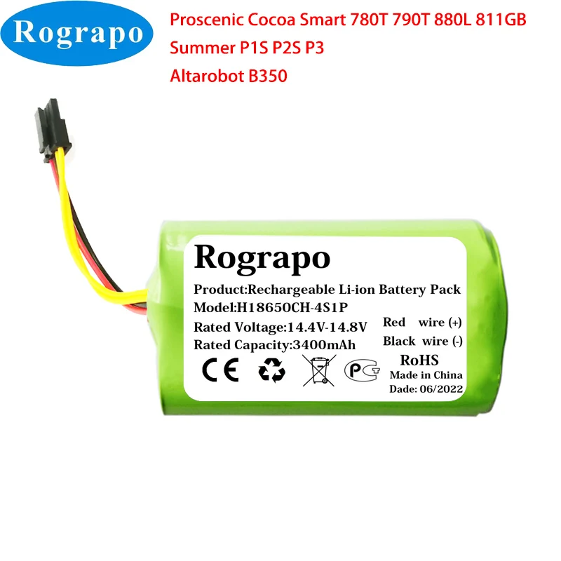 

New 14.8V 3400mAh Battery for Proscenic Cocoa Smart 780T 790T Summer P1S P2S P3 Jazz,Kaka Altarobot B350 Robot Vacuum Cleaner