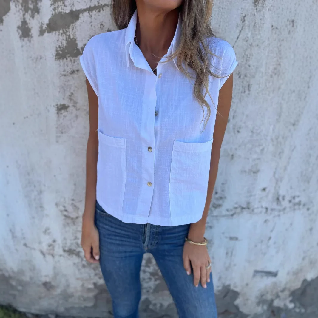 2025 новые модные американские европейские летние женские однотонные однобортные рубашки из хлопка и льна с отложным воротником без рукавов
