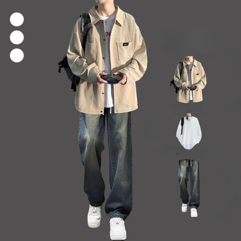 A Corduroy Shirt Men's Spring and Autumn Set for Teenagers and Students A Complete Set of High-end Cool and Stylish Men's Wear