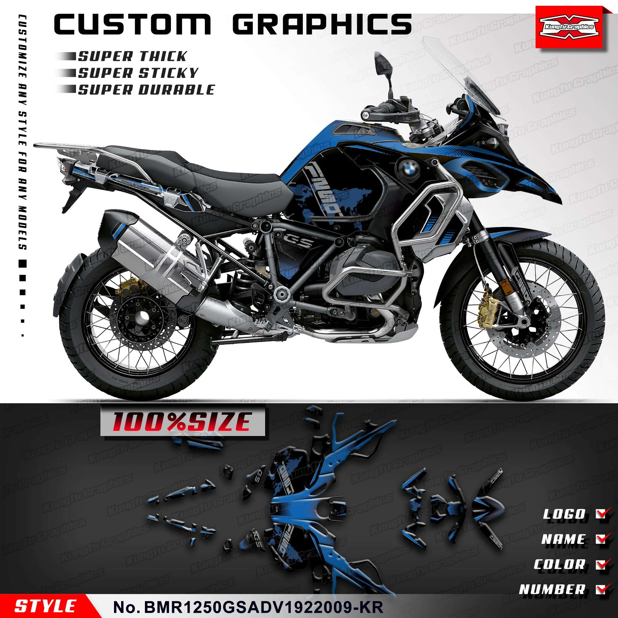 Kung Fu Grafiken benutzer definierte Motorrad Aufkleber Set für BMW R1250gs R1250 GS Adv Adventure 2019 2020 2021 2022, schwarz blau