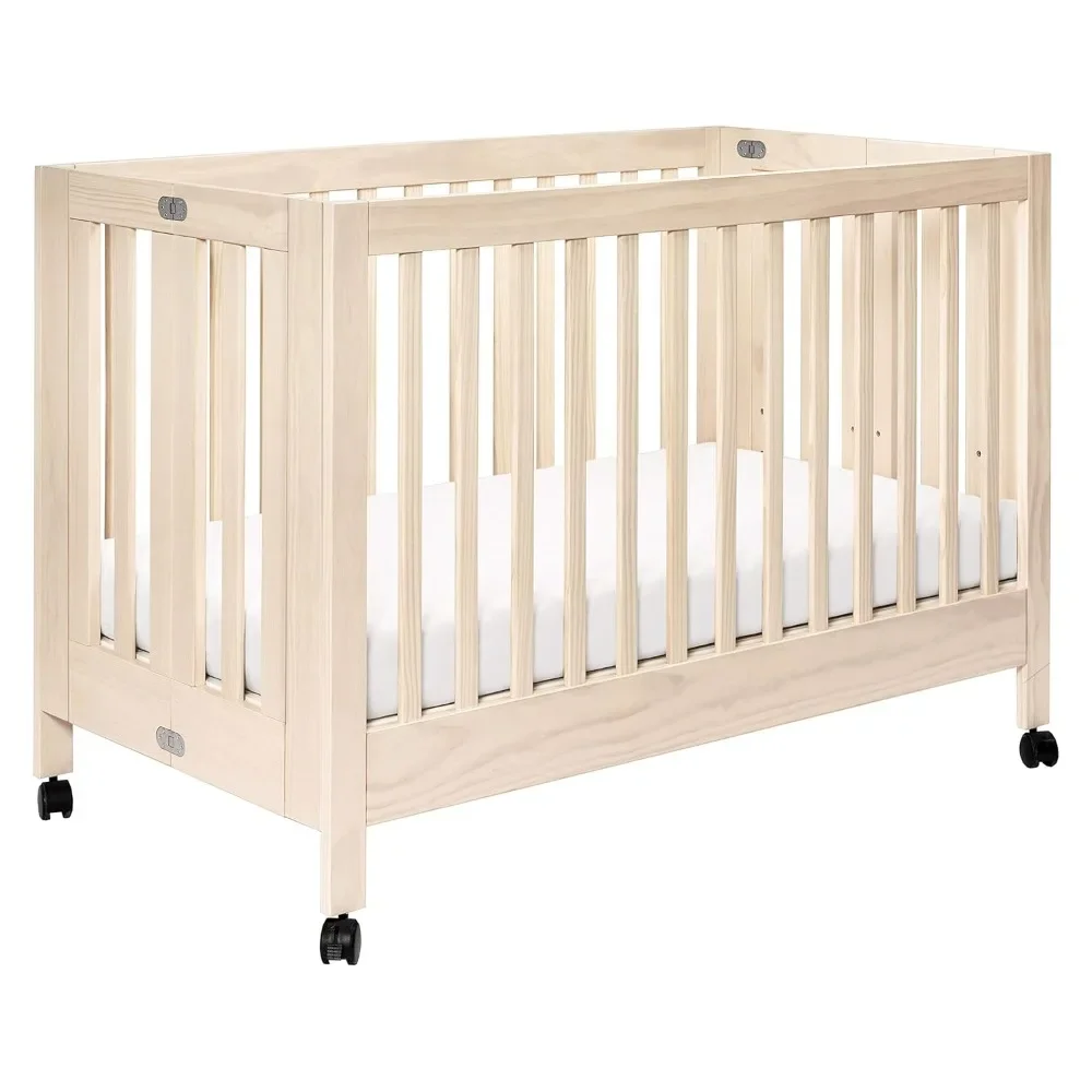 

Maki Full-Size 2-in-1 Portable Folding Crib with Toddler Bed Conversion Kit easy storage in Washed Natural