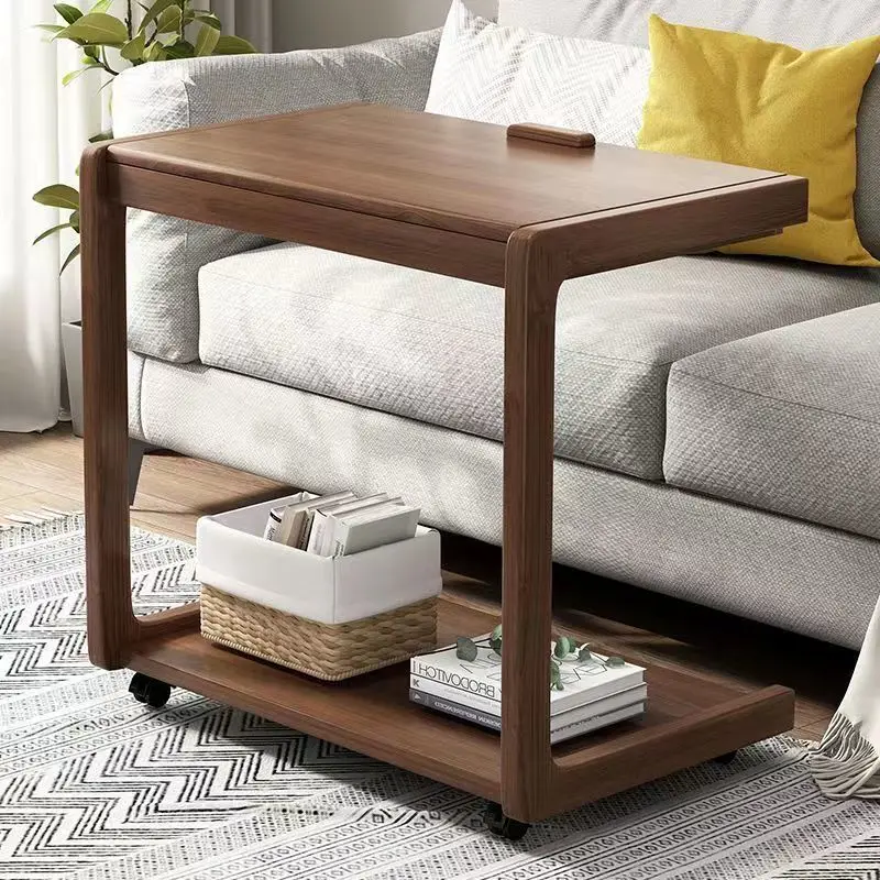 Solid wood sofa edge table, corner table, bedside table, living room small tea table with wheels, tea table edge cabinet