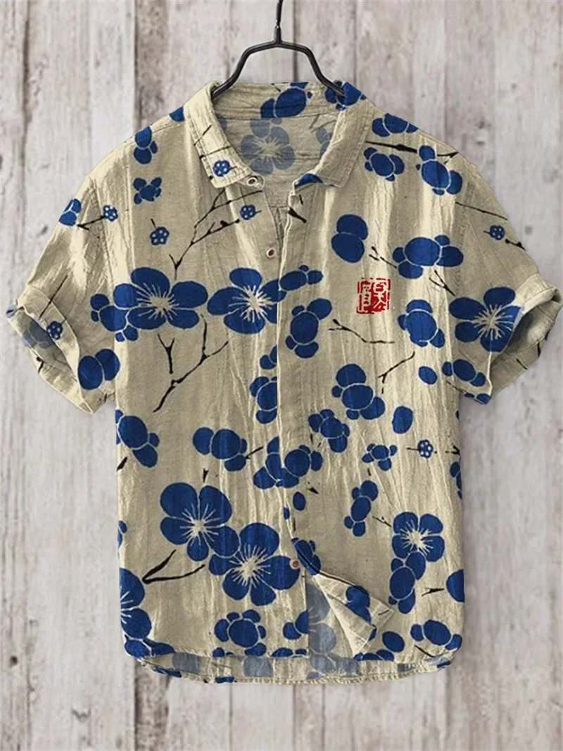 2024 New Hawaiian Short Sleeve Shirt 3D Printed Bamboo Linen Casual Loose Pullover Buttoned Men\'s Shirt