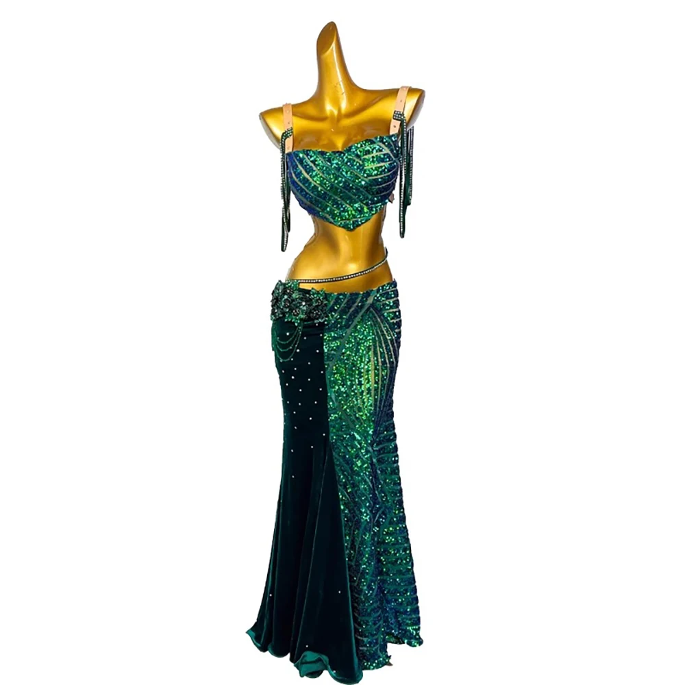 

Belly Dance Professional Dress, High-end Dark Green Velvet Sequin, American Style Adult Stage Professional Clothing for Women