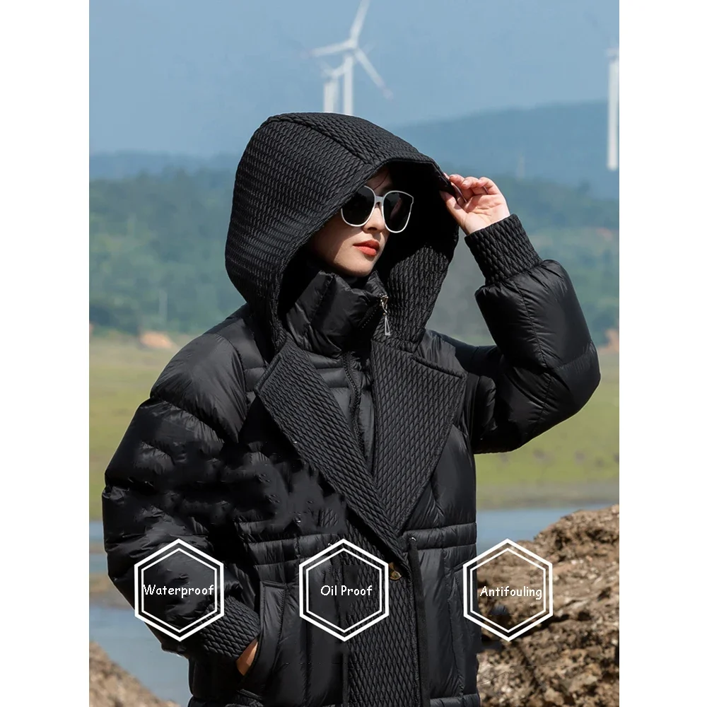 Thicken Warm Women Long Down Coat Soft Waterproof Hooded Plaid Print Elegant Puffer Jackets Female Winter Commute Outerwears