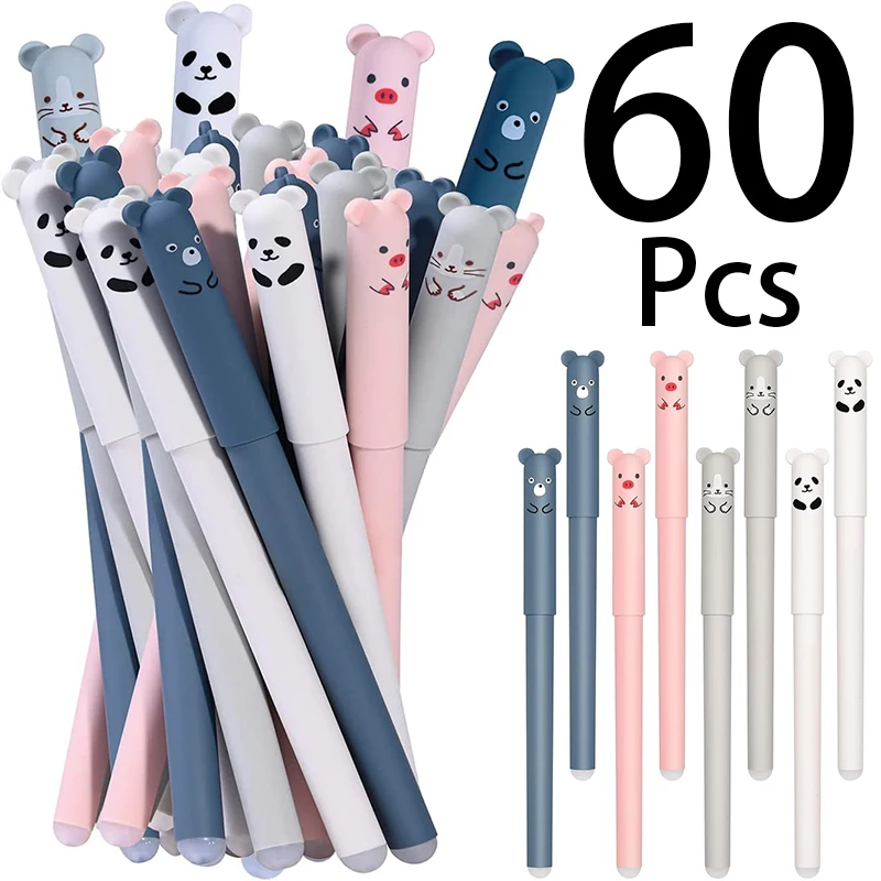 60Pcs Animal Erasable Gel Pens BallPoint Pens Black Blue Ink School Office Stationery The Cute Panda Pig Erasable Pens