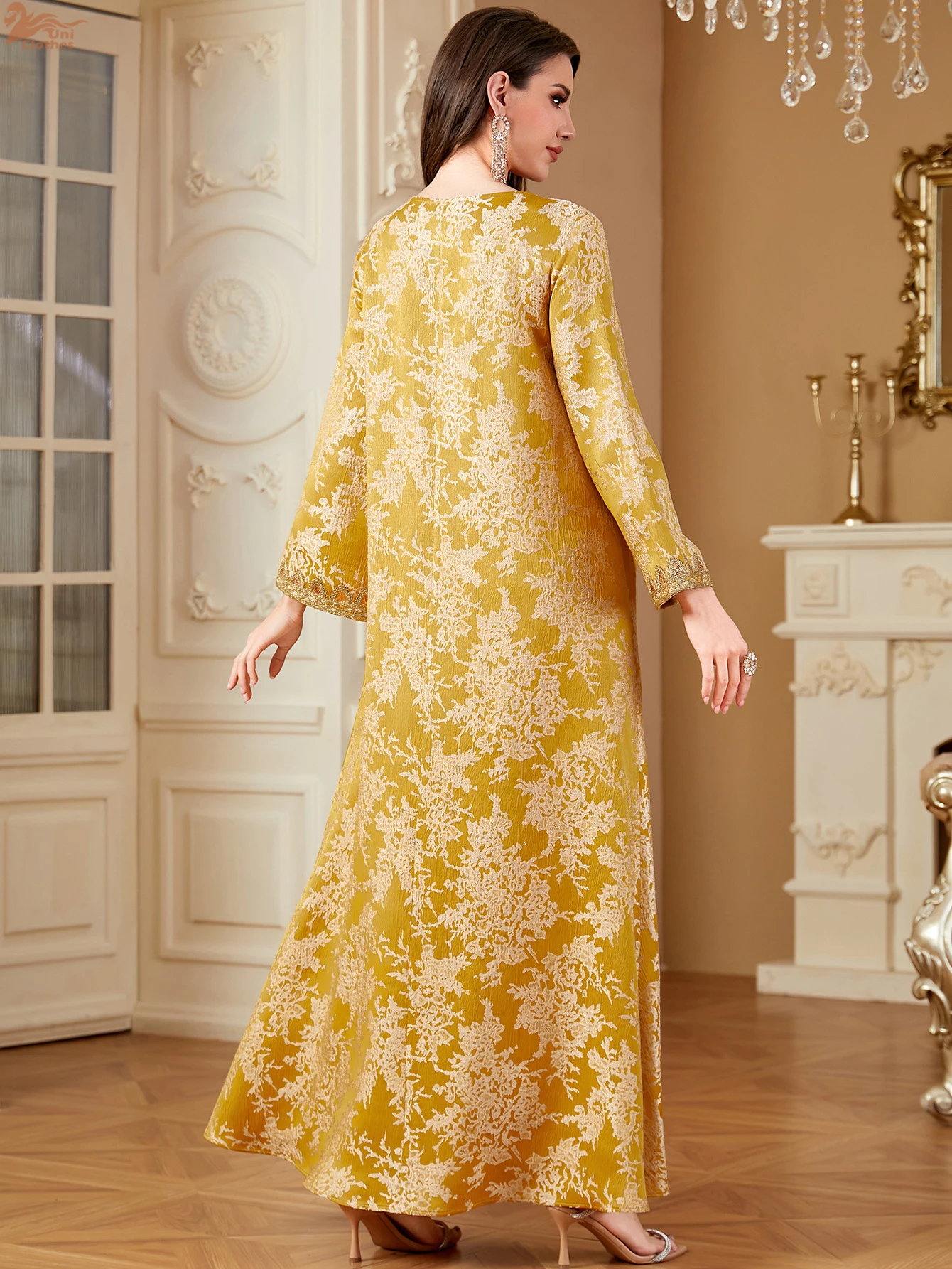 Fashion Summer Ethnic Floral Print Long Dress Muslim Vintage V-Neck Lace Tape Dress Eid Mubarak Sequins Clothing Women Dress ﻿