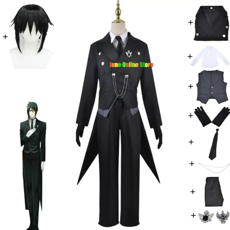 Anime Black Butler Sebastian Michaelis Cosplay Costume Adult Man Woman Coat Shirt Vest Pants Wig Halloween Kuroshitsuji Suit