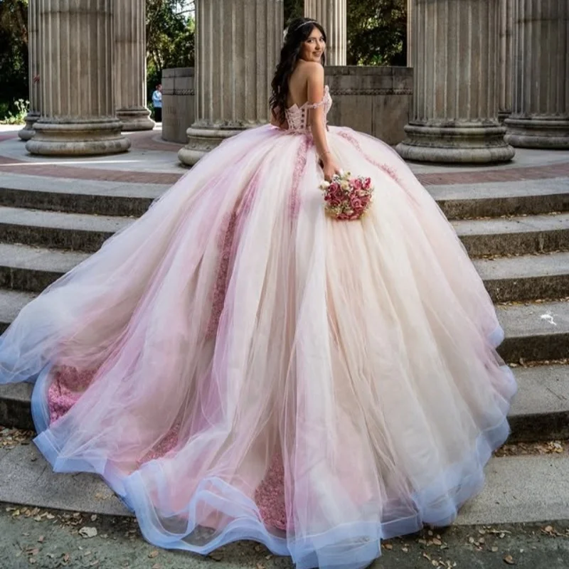 

Light Pink Dresses off-shoulder Crystal Glitter Flower Decal Long tail Bow Vestido De 15 Quinceanera Customize
