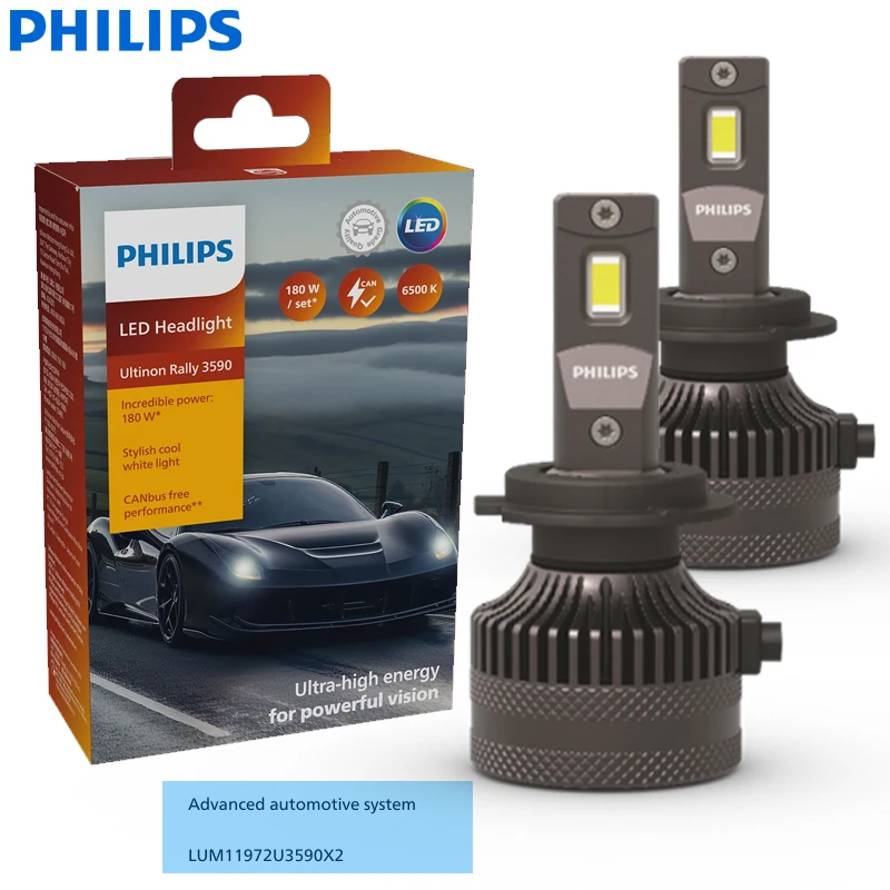 Светодиодные автомобильные лампы Philips Ultinon Rally 3590 H7 H18, 15000 лм, высокая мощность, 6500K, холодный белый свет, 180 Вт, LUM11972U3590X2