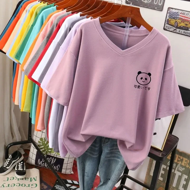 Women's Clothing 100Cotton T-shirt Spring/Summer Cute Panda Short Sleeve Casual Tees Lady Basic Versatile V-neck Large Size Tops