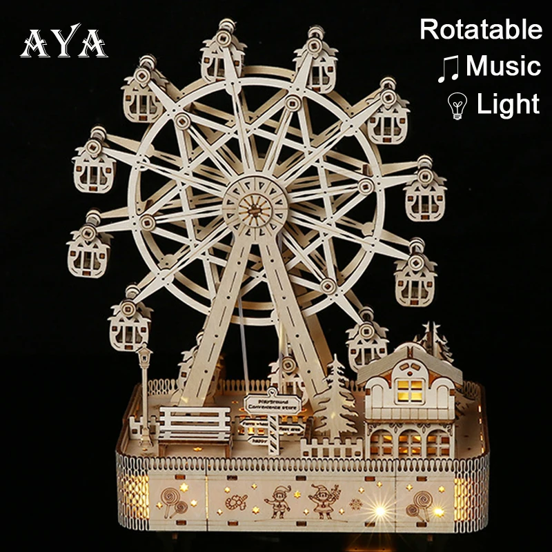 Musical Ferris Wheel 3D Wooden Puzzle Rotatable Music Octave Box Light DIY Assembly Model Kit Toy Gift for Teens Adult