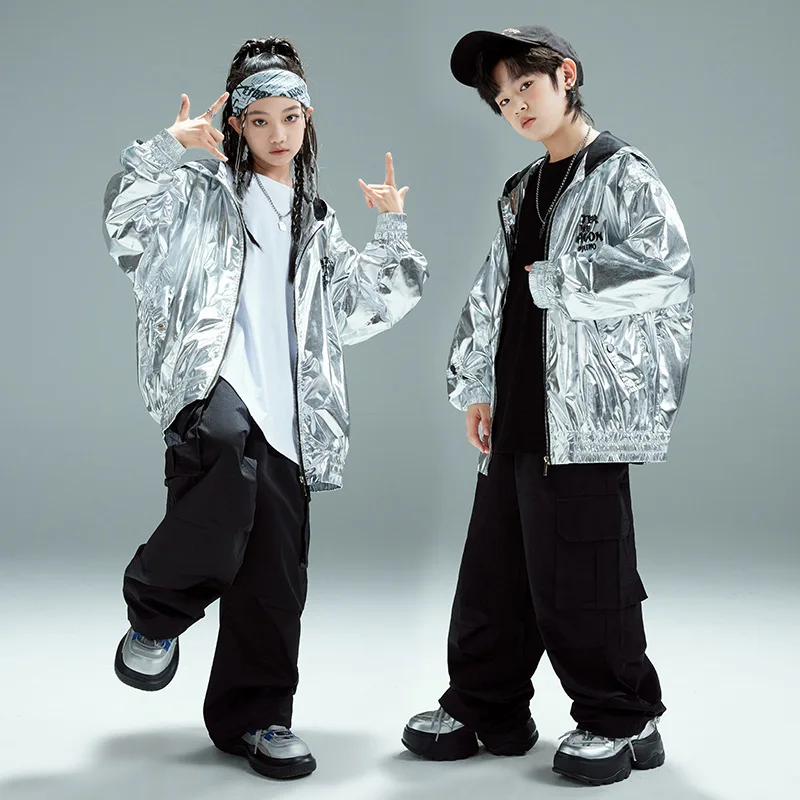 Hip-Hop Kinder Silber Kapuzenjacke Schwarze Hose Outfits Ballsaal Tanzkleidung Jungen Kpop Bühnenkleidung Mädchen Jazz Dance Kostüme