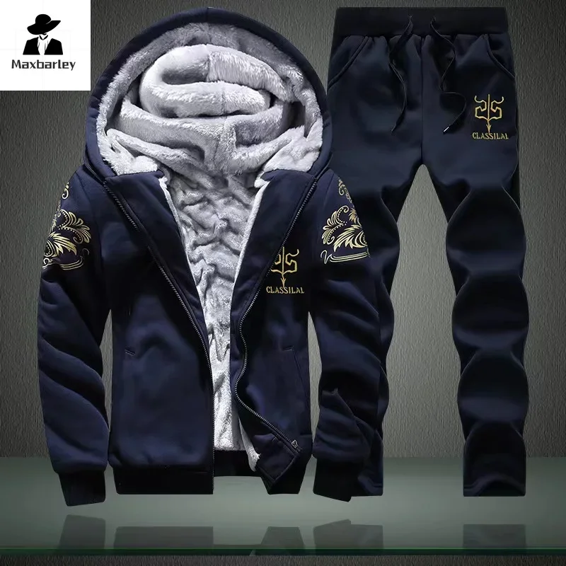 2024 New Winter Thick Men Sports Suit Tracksuit Hooded Sportswear Zipper Cardigan Hooded Woolen Trousers Pants Casual Men Set