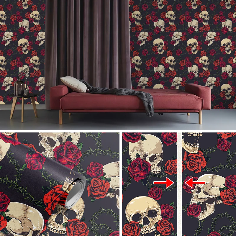 Rose Skull Halloween PVC Wallpaper Peel And Stick Black Red Waterproof Wallpaper Festival Viny Furniture Sticker For Living Room