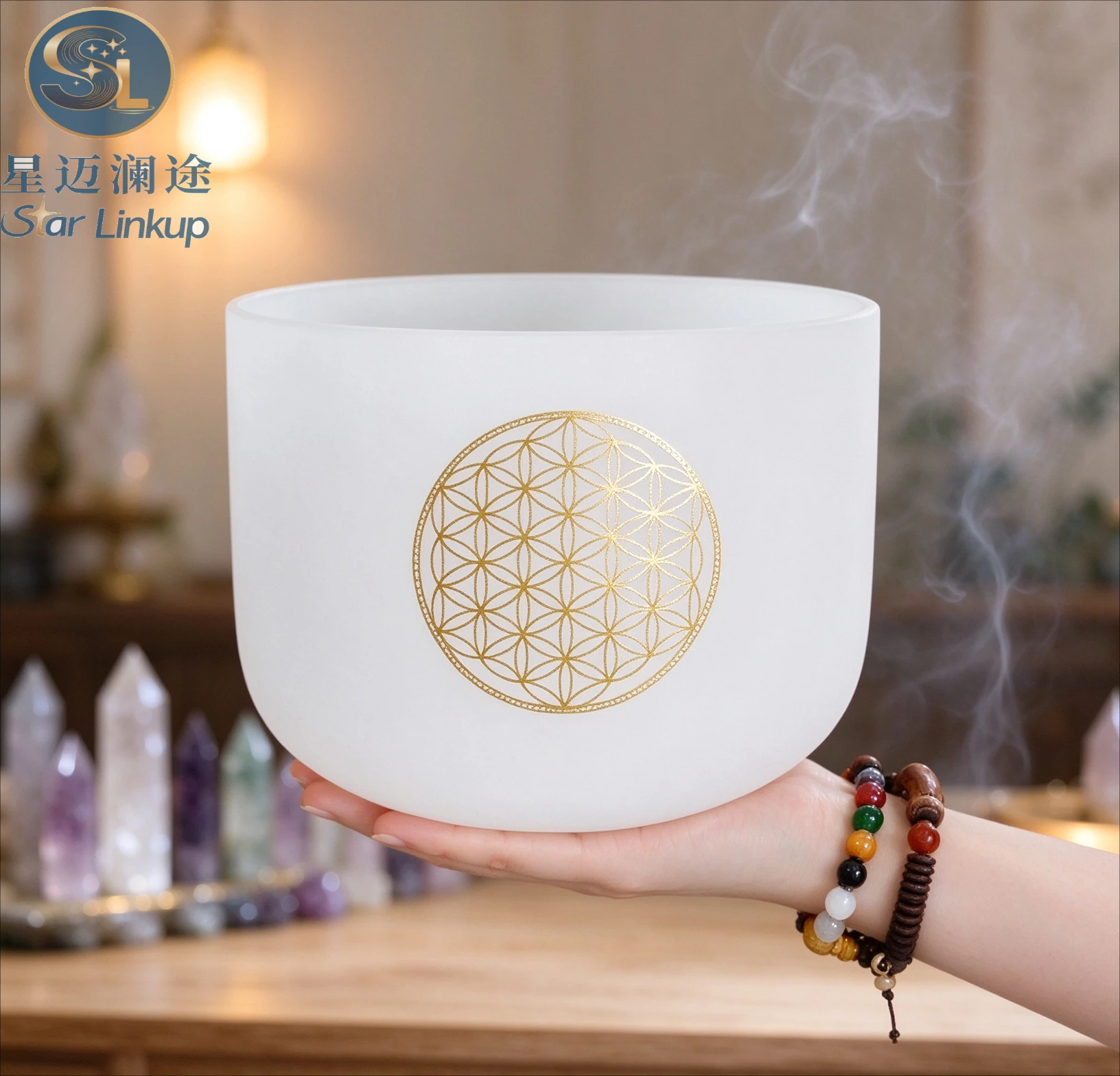8in 528Hz Frosted Quartz Flower of Life Singing Bowl Vibrational Resonance Tool for Chakra Alignment Sound Bath & Spiritual