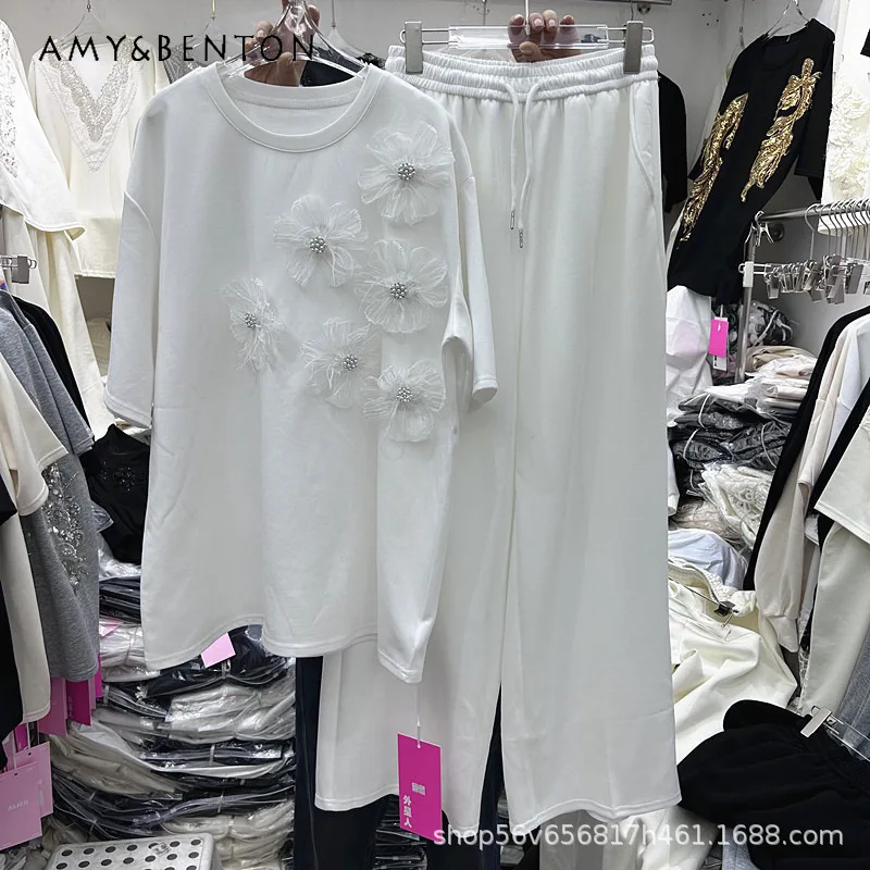 

Fashion Heavy Beaded Three-dimensional Floral Loose Short-sleeved T-shirt Top + Elastic Waist Wide-leg Long Pants Two-piece Set
