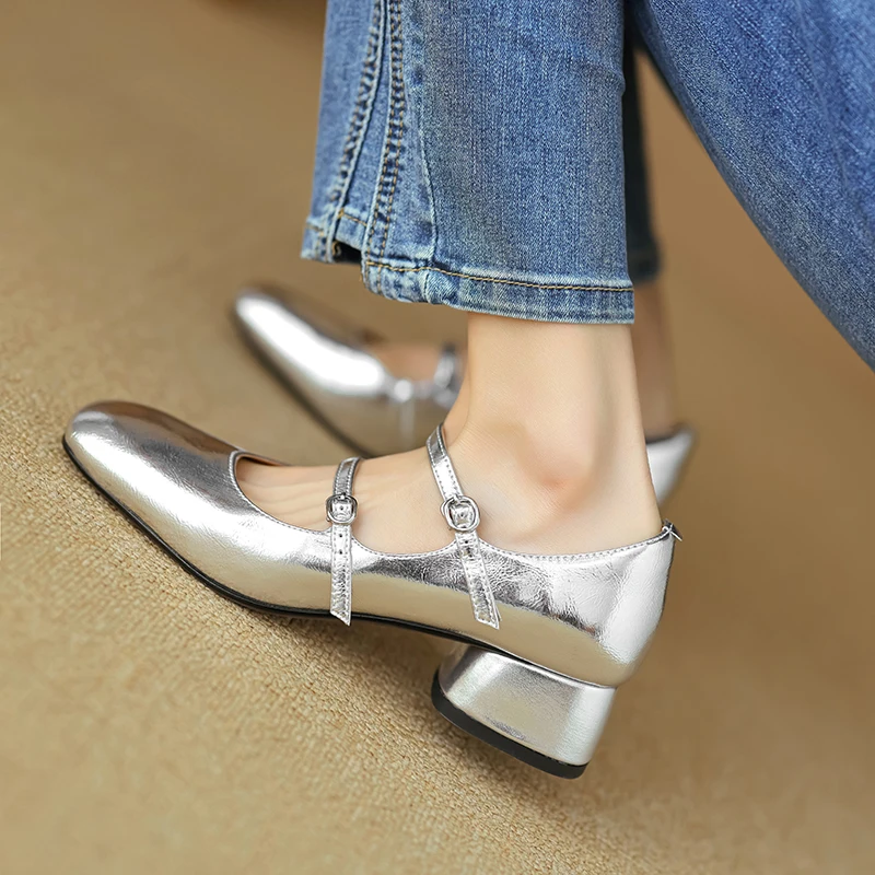 Thick Heels Spring Autumn Buckle Pumps Womens 2024 Shoes French Simple Shoes On Heel 5CM Korea Style Patent Leather Silver Pumps