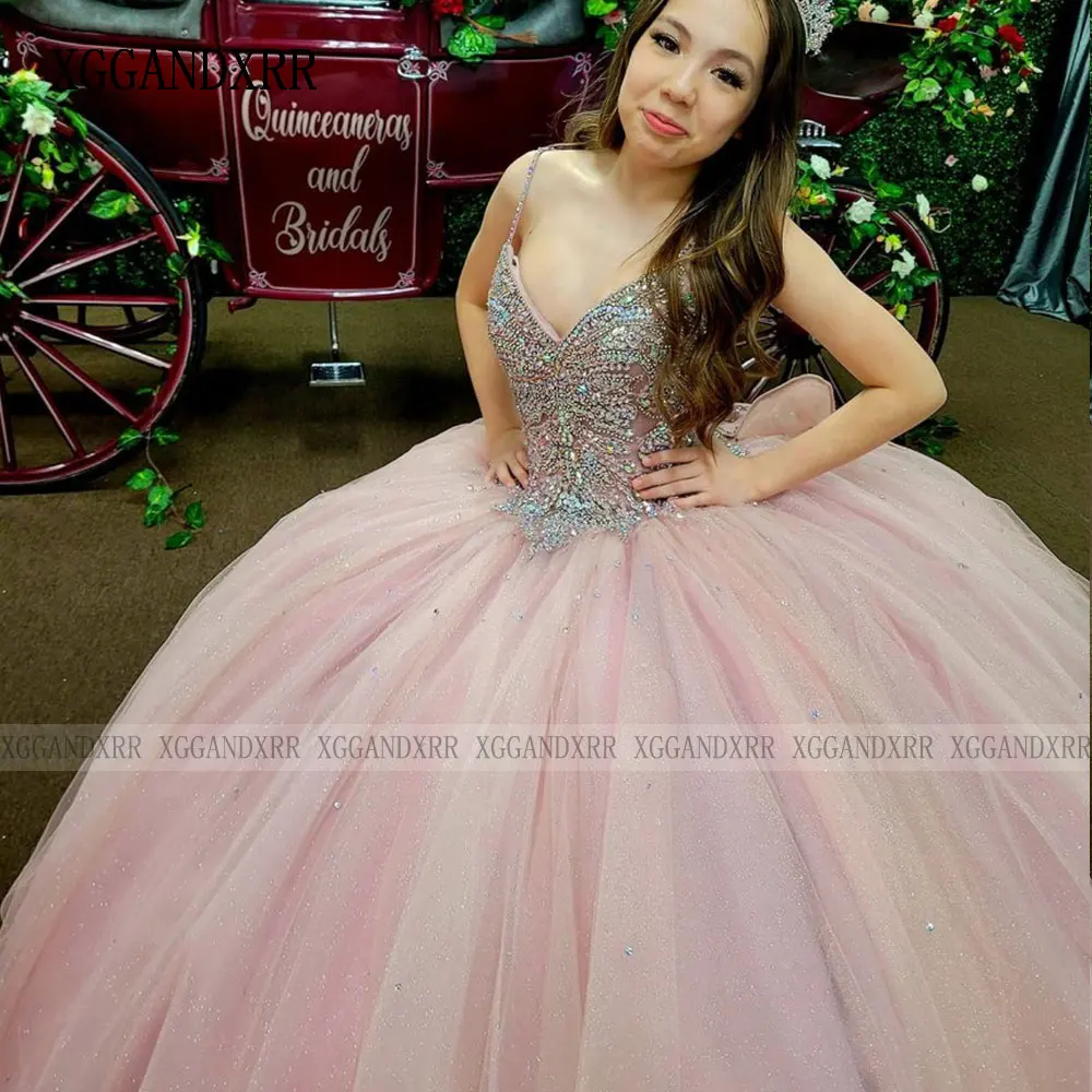 Vestido De Quinceañera Rosa elegante, vestido brillante con cuentas De cristal dulce 16, vestido De fiesta De cumpleaños con lentejuelas, Vestidos De Quinceañera 15, 2024