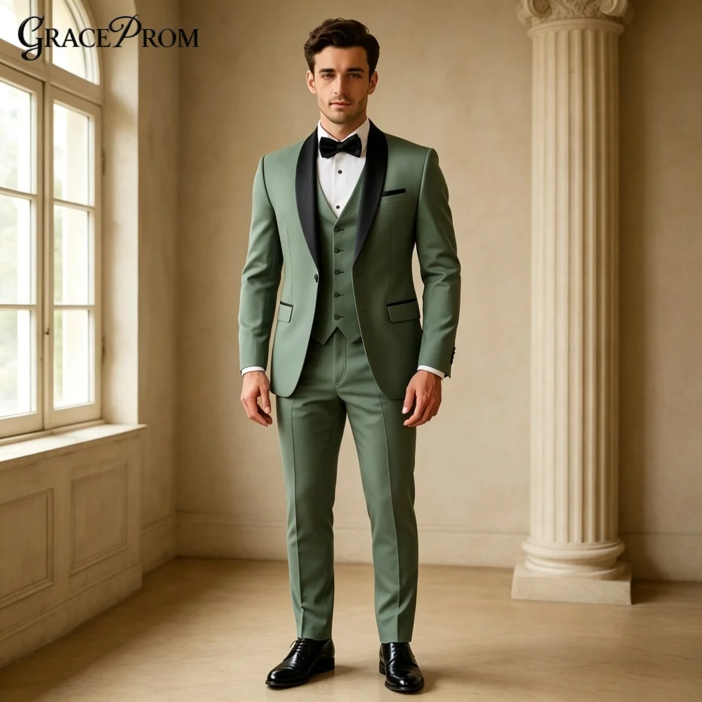 Elegant Sage Green 3PCS Mens Tuxedo Black Shawl Groom Suit Vest Pants Set 2027 For Wedding Prom Party Business Event Customized