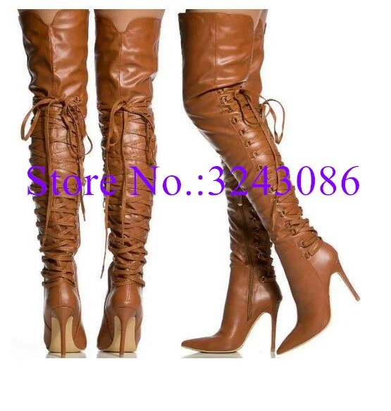 New Brown Leather Lace-up Lady Over the Knee Boots Fashion Large Size 47 Stiletto Heel Long Boots Woman Sexy Party Shoes