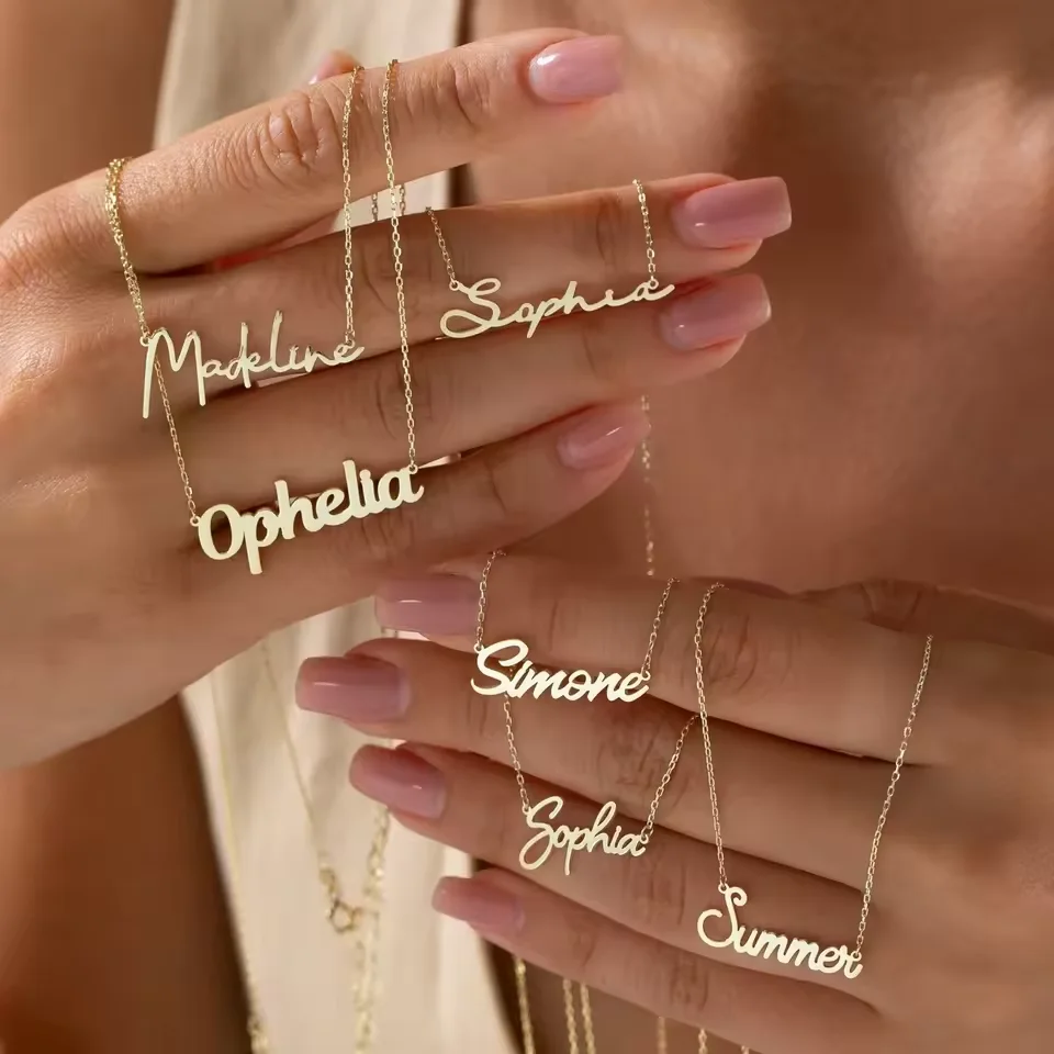 

Custom Name Necklace For Women Personalised Cursive Letter Pendant Stainless Steel Jewelry Men Chain Choker Collar