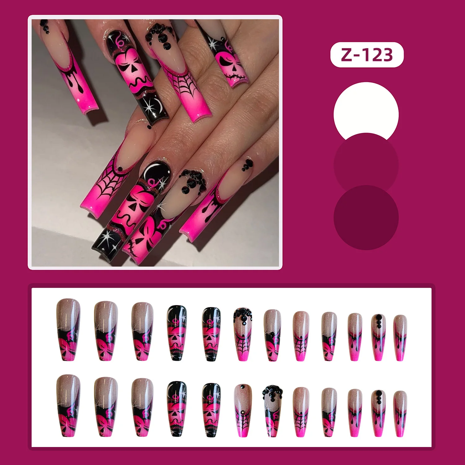 24pcs Long Ballet French Press on Nails Spice Girl Halloween Spider Ghost False Nails Wearable Reusable European Fake Nail Tips