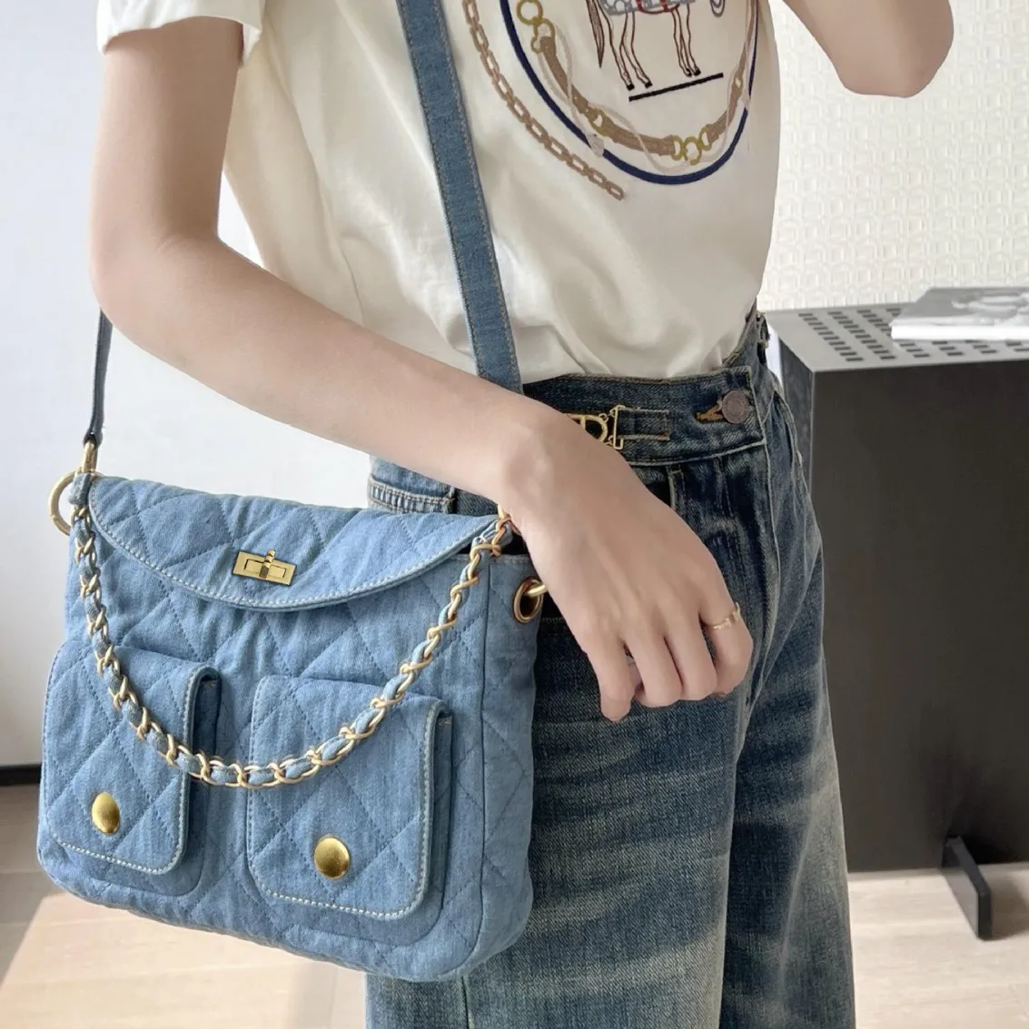 

Повседневная джинсовая сумка-хобо, модная сумка через плечо с ромбовидным узором и цепочкой для мужчин и женщин