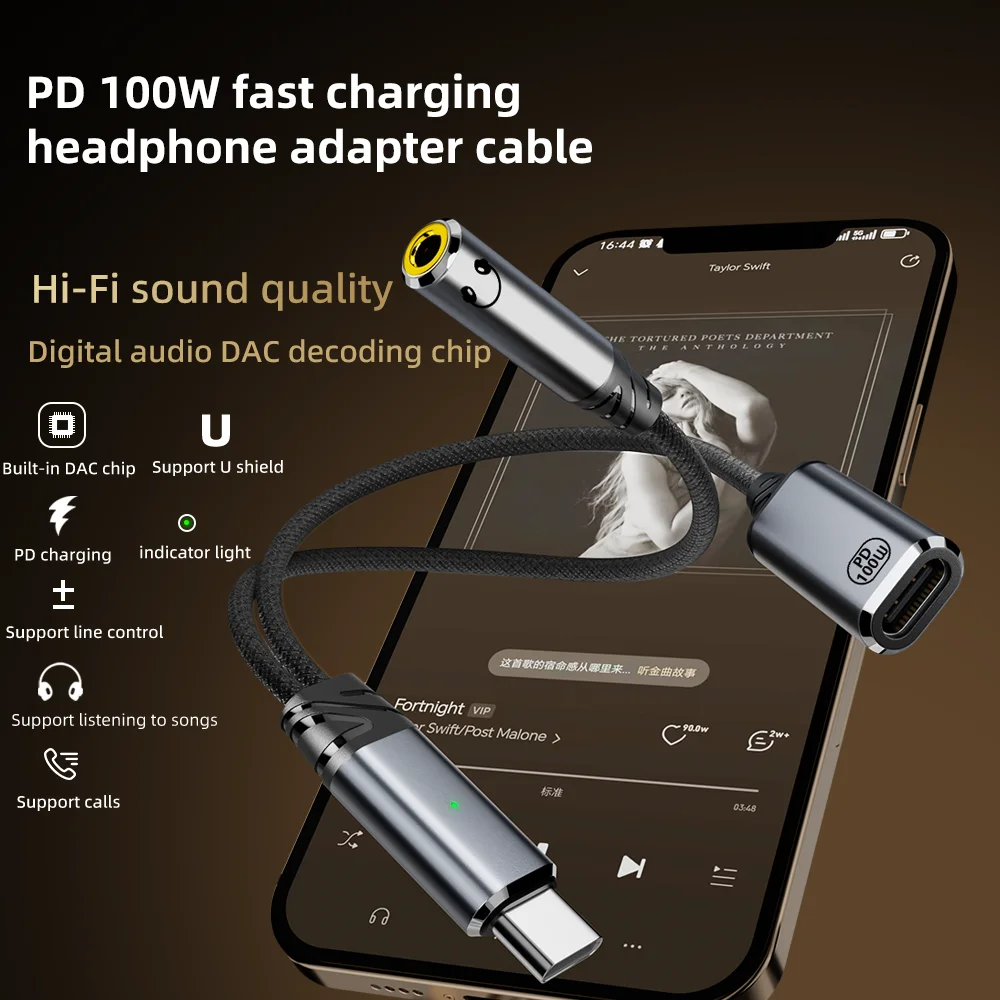 2-in-1 USB C to 3.5mm Headphone and Charger Adapter USB C PD 100W Adapter Fast Charging PD100W for Samsung iPhone 16/15 Huawei