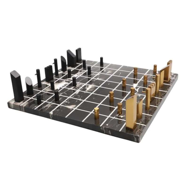 Marble Chessboard Geometric Ornament Metal Chess Pieces Light Luxury Desktop Decor for Home Living Room Model Room Decoration