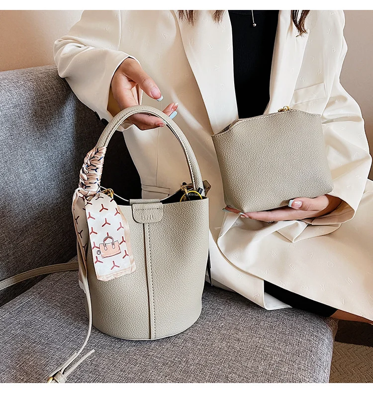 Korean Style The Bucket Bag Designer Ribbon PU Leather Female Tote Bag Large Capacity One Shoulder Crossbody Bags For Women