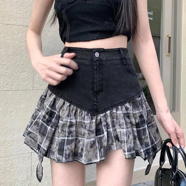

2026 Summer New Fashion Denim Splicing Irregular Plaid Skirt High Waist A Word Skirt